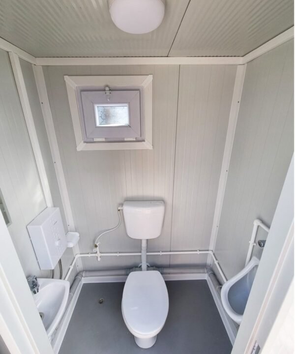 Container sanitario SCEW RAL 9002 Bianco grigiastro | A 2335 x L 1650 x P 1200 mm | porta a un'anta | con acqua calda